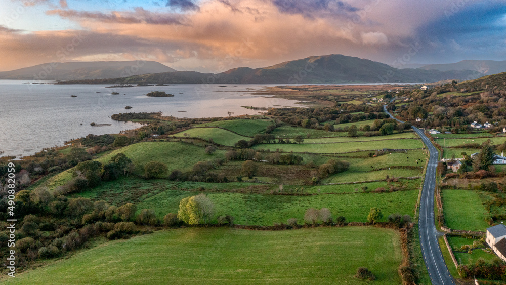 Morning aerial view at sunrise in Toormakeady Lough Mask County Mayo Ireland