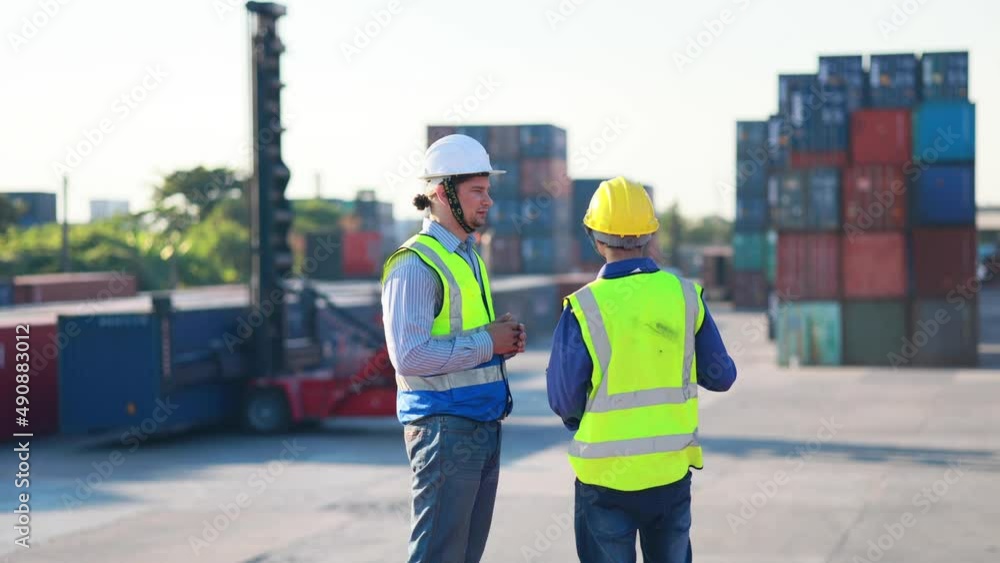Two caucasian man engineer and asian worker wearing hardhat safety helmet and vest working in logistic shipping yard. Marine and carrier insurance concept. Cargo container yard. Two caucasian man engineer and asian worker wearing hardhat safety helmet and vest working in logistic shipping yard. Marine and carrier insurance concept. Cargo container yard.