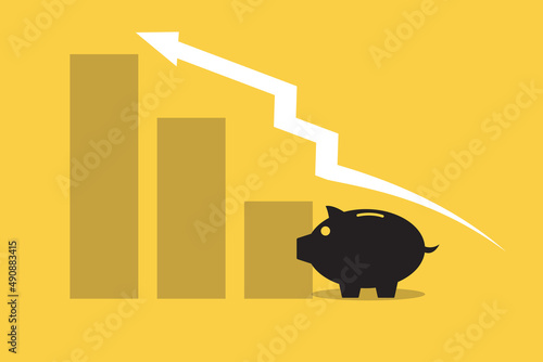growing bars with large piggy bank and arrow. Piglet and coins. Money saving or accumulating, Financial services, Deposit concept. Isolated vector illustration for banner, poster, advertising