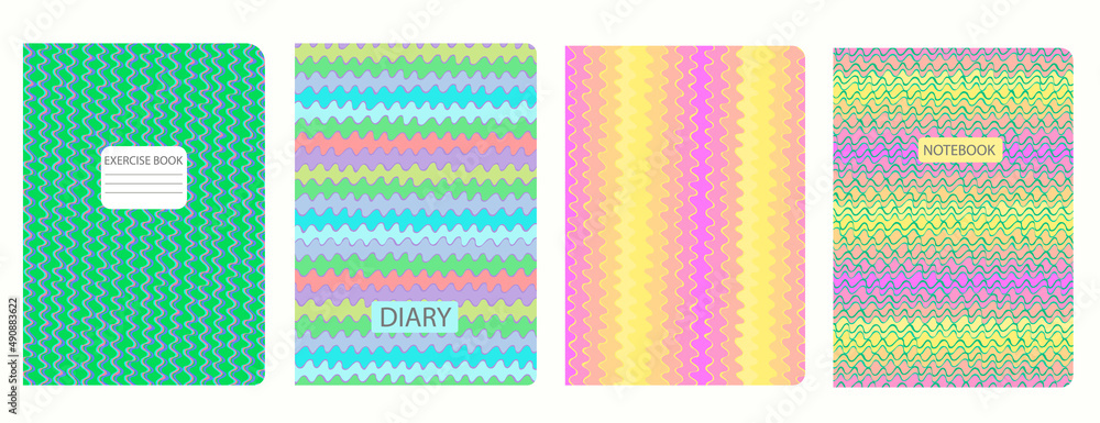 Cover page templates in Abstract psychedelic Y2K bug style with circles, asterisks, waves, spiral lines. Based on seamless patterns. Headers isolated and replaceable.