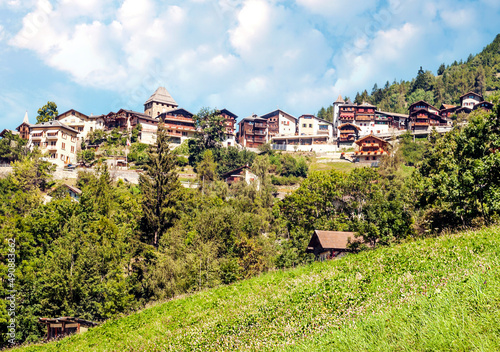 Wooden houses in the Swiss Alps