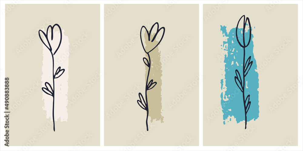 Decor printable art. Set of hand drawn flowers vector illustrations on abstract backgrounds for home interior design. Contemporary art for prints, posters, cards, textile