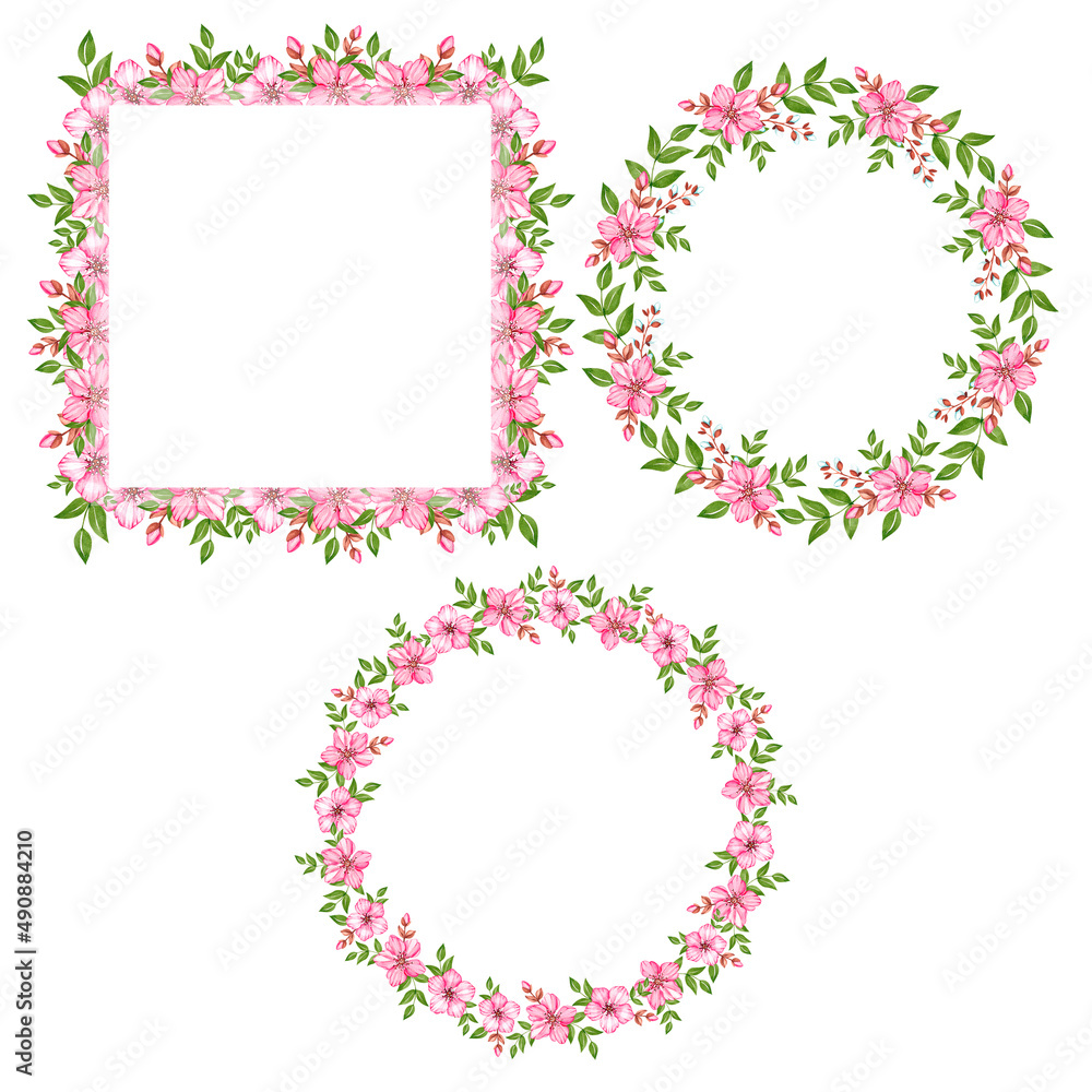 Watercolor cherry blossom wreaths on white background