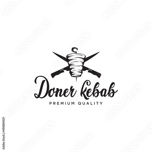 Doner Kebab with knives isolated on white background. Kebab vintage design element for restaurant menu, logo, poster. Vector illustration