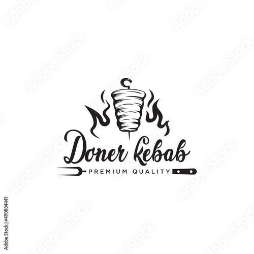 Doner Kebab with knives isolated on white background. Kebab vintage design element for restaurant menu, logo, poster. Vector illustration