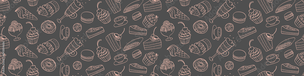 Seamless pattern with sweet dessert doodles. Hand drawn cakes on dark background. Vector illustration.