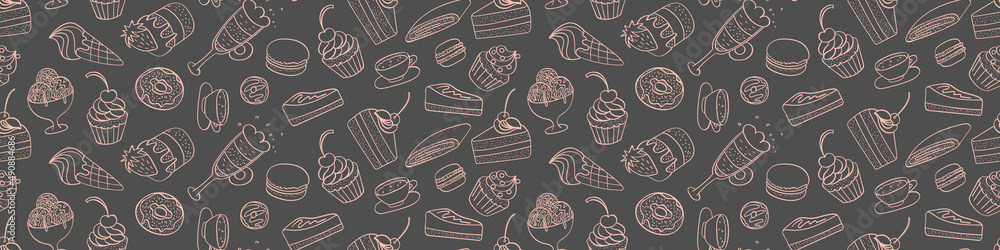 Seamless pattern with sweet dessert doodles. Hand drawn cakes on dark background. Vector illustration. Seamless pattern with sweet dessert doodles. Hand drawn cakes on dark background. Vector illustration.