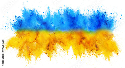 colorful ukrainan flag yellow blue color holi paint powder explosion isolated white background. russia ukraine conflict war freedom concept photo