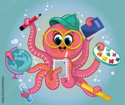 Talented octopus student ready for school. Vector illustration.