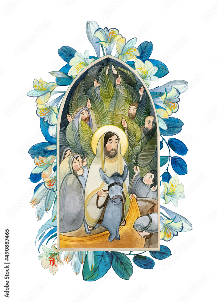 Palm Sunday illustration.  Entry of the Lord Jesus Christ into Jerusalem on a donkey, people meet him with palm branches. Christian Easter card.