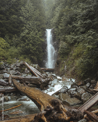 Scenic view of the Norvan Falls with fallen tree trunks in North Vancouver, British Columbia photo