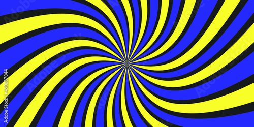Yellow and blue twisted lines. Color Swirling radial vortex. Abstract vector background. 