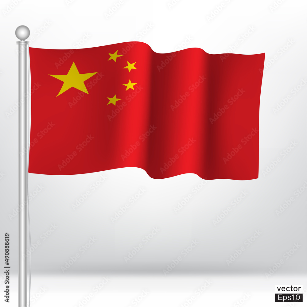 Waving China flag on a metallic pole isolate on white background. National flag of the People's Republic of China is flying. Vector illustration sign.