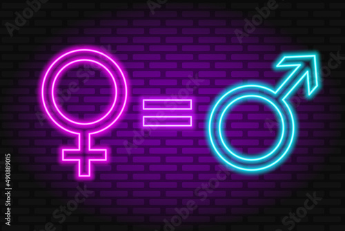 Gender equality. Male and female signs are equal. Set of neon symbols. Vector image.