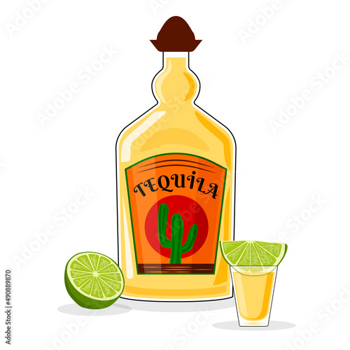 A bottle of tequila with a shot glass and lime wedges. Mexican alcoholic drink. Vector illustration isolated on white background.