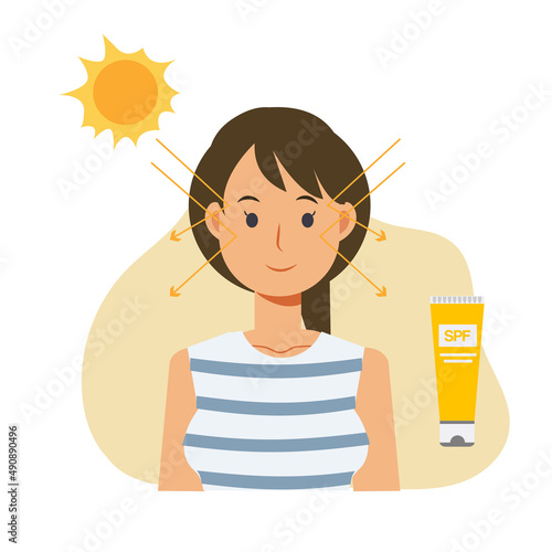 Skin care concept,sun protection. Happy woman using sunblock avoid from sunburn damage. nice and beauty skin .