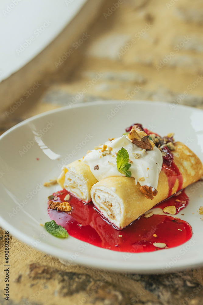 Image of sweet pancakes. Portion of food Image of sweet pancakes. Portion of food