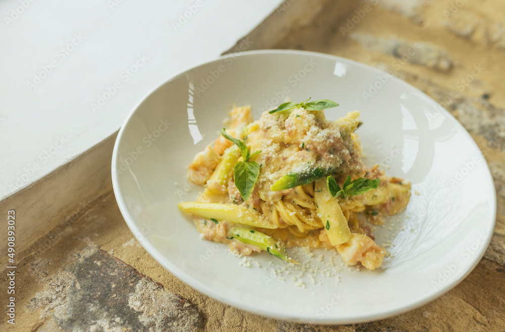 Delicious italian pasta. Portion of pasta with cream cheese Delicious italian pasta. Portion of pasta with cream cheese