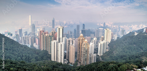The City of Hong Kong shrouded in air pollution from motor vehicles  marine vessels and power plants.
