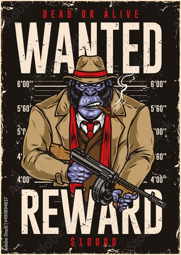 Wanted poster with angry gorilla criminal
