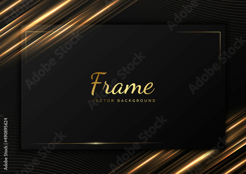 Abstract template black and grey geometric oblique with golden line layer on black background. Luxury style. Frame background.