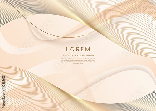 Abstract 3d template soft pink background with gold lines curved wavy sparking with copy space for text. Luxury style.