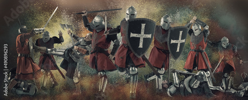 Fight, battle. Cinematic art collage with brutal serious medieval warriors or knights war clothes with swords in motion, action isolated over dark vintage background.
