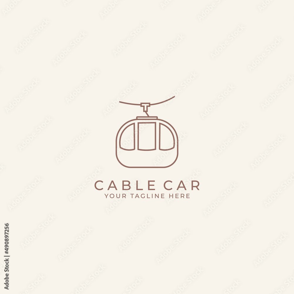 Cable car logo in mountains . Cableway cabins lifting over winter background. Ski resort landscape with ropeway, funiculars, snow and Alps. Alpine ropeway