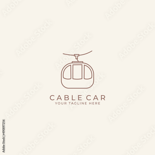 Cable car logo in mountains . Cableway cabins lifting over winter background. Ski resort landscape with ropeway, funiculars, snow and Alps. Alpine ropeway
