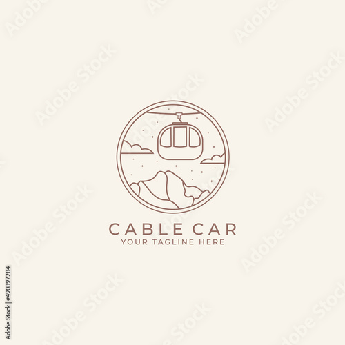 Cable car logo in mountains . Cableway cabins lifting over winter background. Ski resort landscape with ropeway, funiculars, snow and Alps. Alpine ropeway