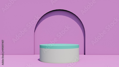 White circle cylinder pedestal for cosmetics promotion blank tamplate concept. Abstract minimalistic geometrical background. Pastel colors realistic 3d render. Place for text, copy space, text area © Oleksiy Oliinyk