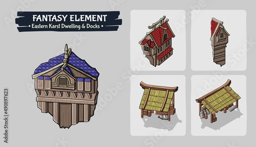 Eastern Karst Dwelling and Docks Fantasy game assets Isometric Vector Illustration