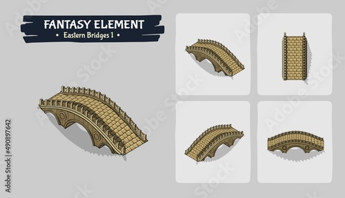 Fantasy Wooden Eastern Bridges game assets design - Isometric Vector Illustration