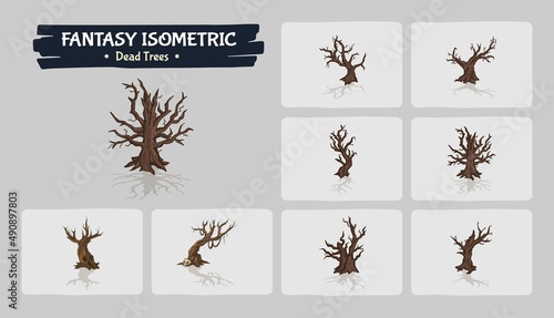 Dead Wooden Trees Fantasy game assets - Isometric Vector Illustration