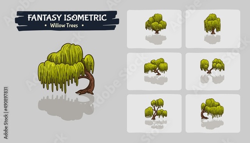 Green Willow Trees Fantasy game assets - Isometric Vector Illustration