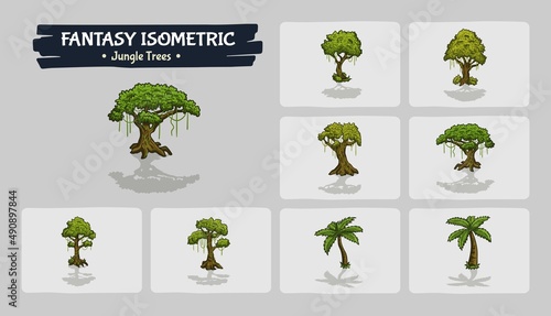 Green Trees Fantasy game assets - Isometric Vector Illustration photo