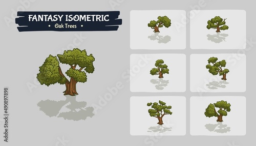 Green Oak Trees Fantasy game assets - Isometric Vector Illustration