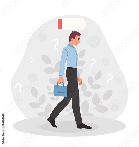 Businessman with burnout. Stress and panic, low energy levels. Employee hardly walk, negative emotions and mental problems, psychology. Guy has problems at work. Cartoon flat vector illustration
