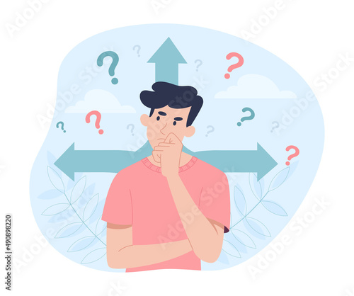 Choosing right way. Young guy makes decisions, searching for best option. Thinking and pensive character. Person at crossroads, brainstorming and mental dead end. Cartoon flat vector illustration