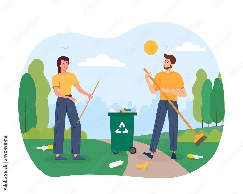 Enviromental clean up. Man and girl with mops in city park. Proper