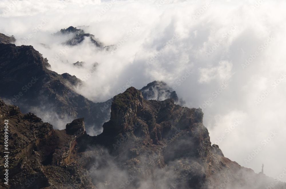 Cliffs of the Caldera de Taburiente National Park in the fog. La Palma. Canary Islands. Spain. Cliffs of the Caldera de Taburiente National Park in the fog. La Palma. Canary Islands. Spain.