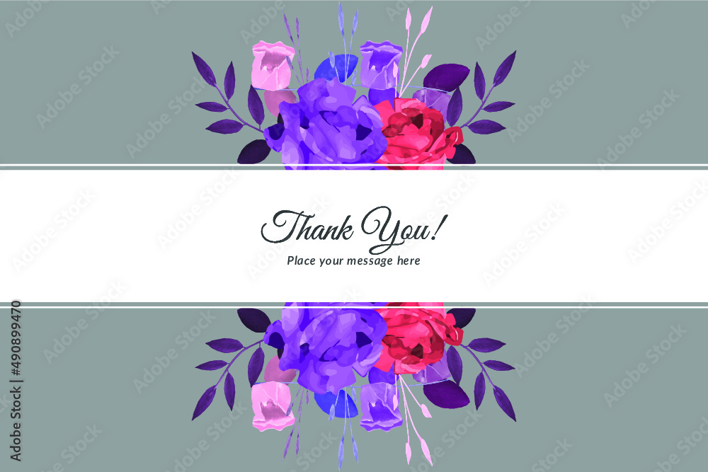 Thank you card with blue and red roses with watercolor floral frame ...
