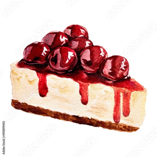 hand painted watercolor painting cherry cheesecake illustration dessert photo