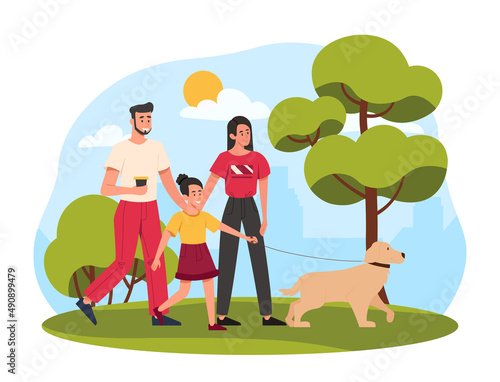 Happy family walking. Man, woman, girl and dog in city or town park. Weekends and rest, mother and father with their daughter. Good relationship, spring or summer. Cartoon flat vector illustration