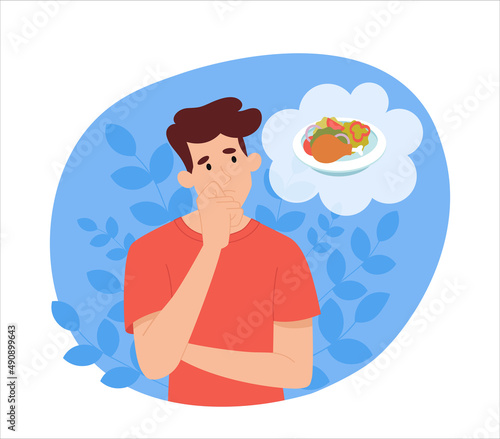 Hungry man dream about food. Young guy thinking about turkey with vegetables. Lack of calories and energy. Character waiting for dinner, employee tired at work. Cartoon flat vector illustration