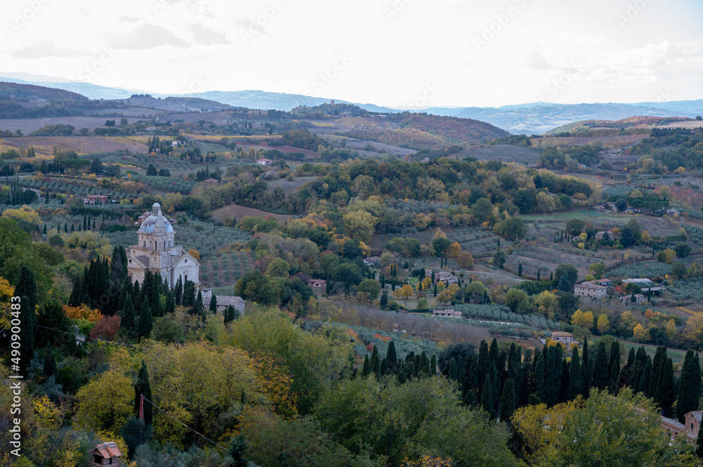 View on hills and vineyards near old town Montepulciano, Tuscany, Italy