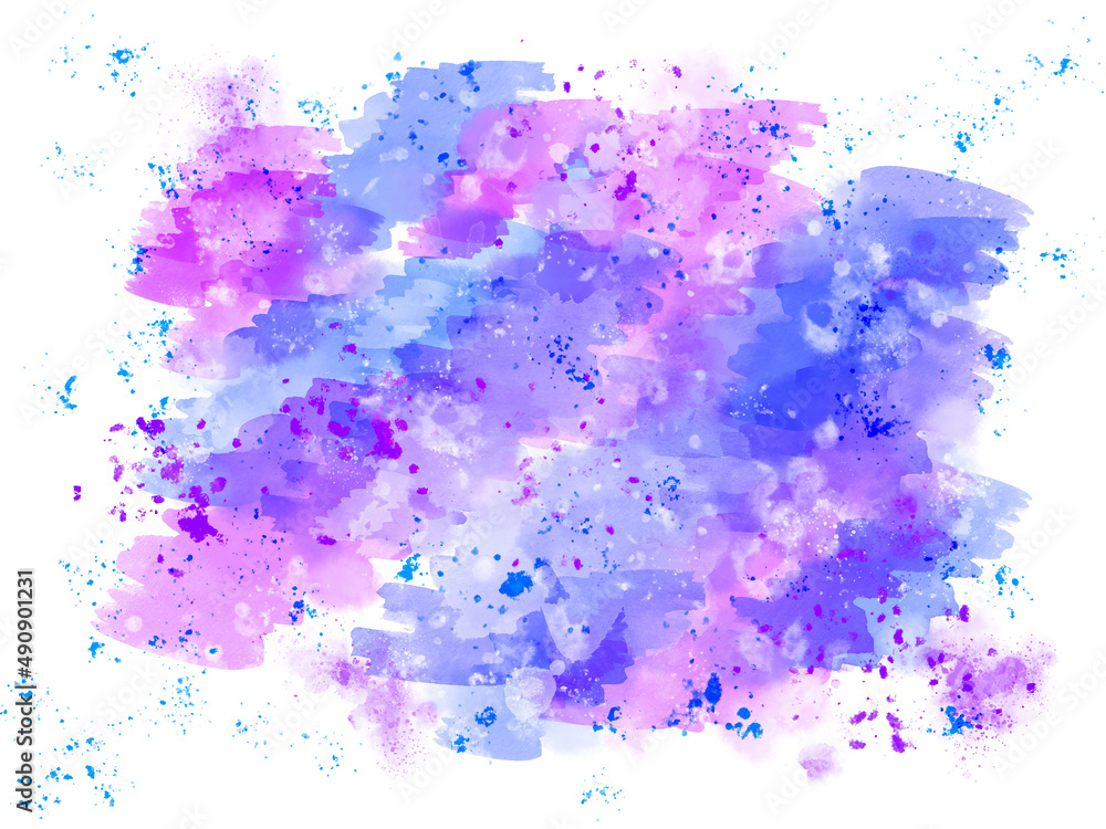 Purple and blue watercolor zigzag traces and splashes on a white background. Watercolor abstract background.