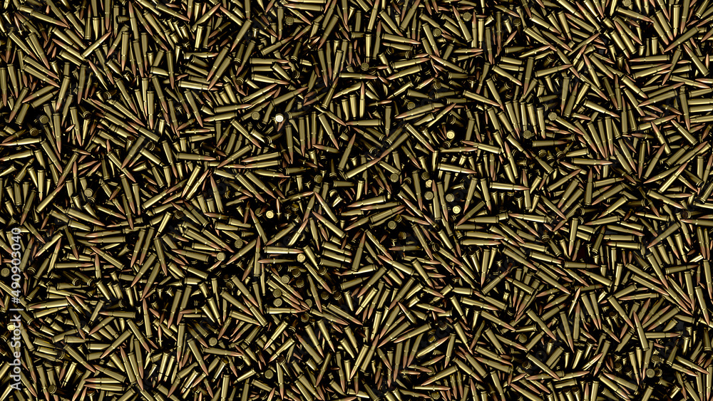 Pile of many bullets or ammunition top view ammunition background. 3d render - obrazy, fototapety, plakaty 