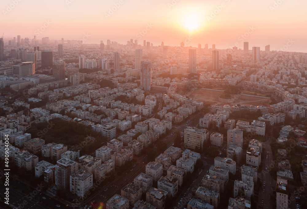 Obraz premium Tel Aviv sunset view from above. Aerial panorama