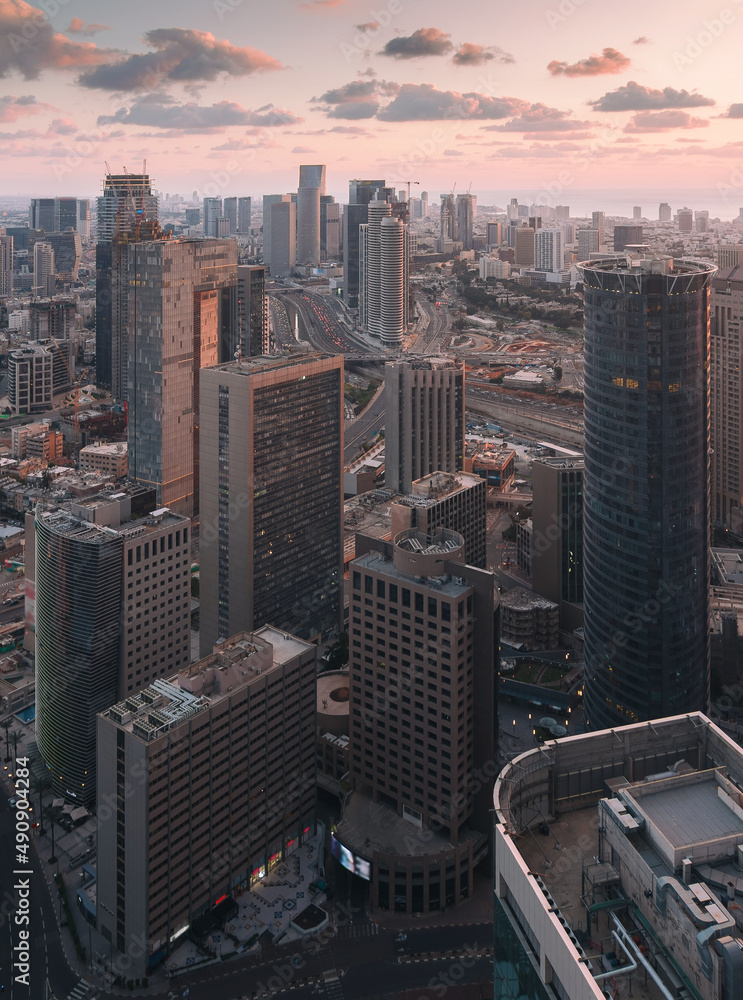 Fototapeta premium Ramat Gan and Tel Aviv, Israel, View above of the downtown